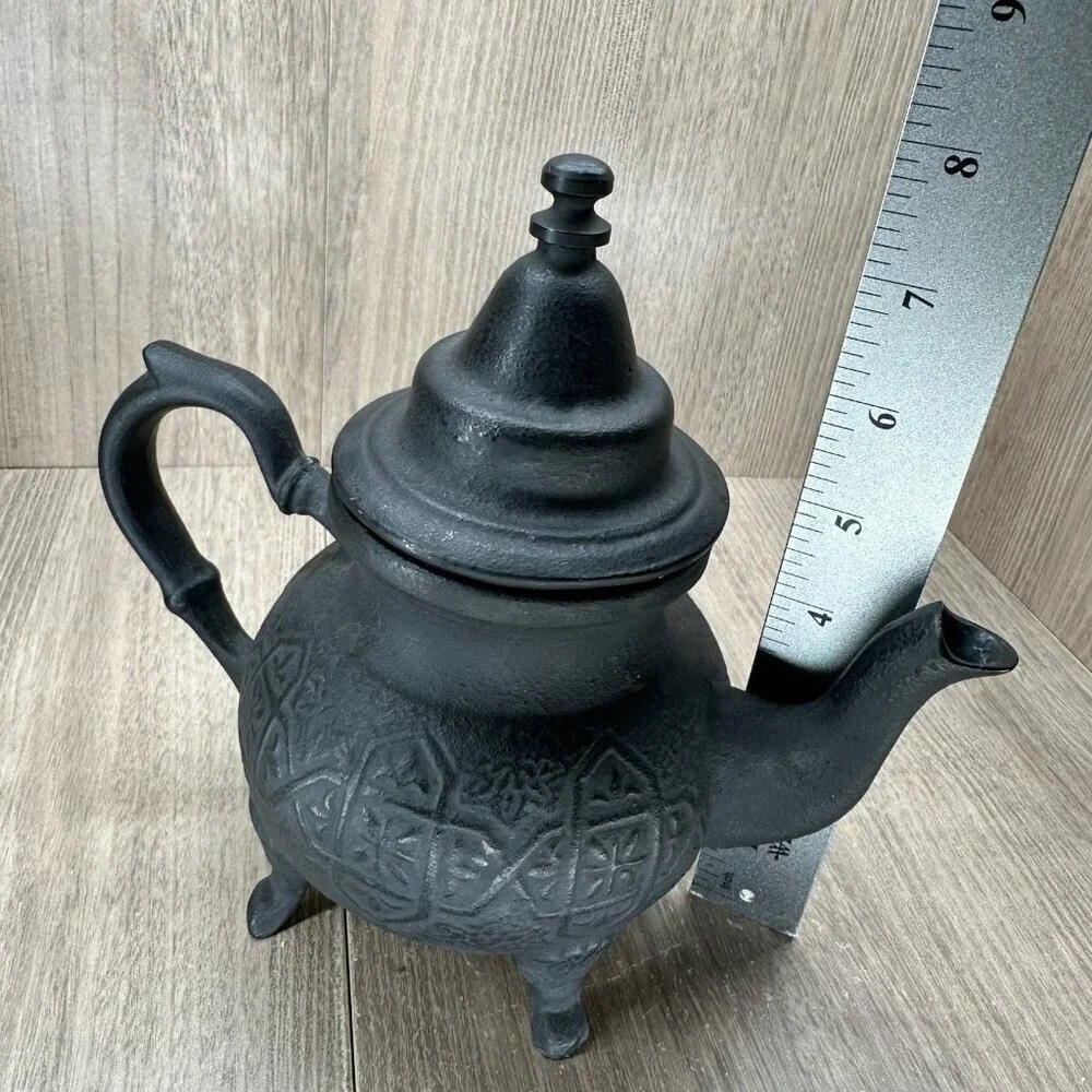 Vintage Ornate Cast Iron Moroccan Teapot w/ Lid Textured Matte Black